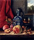 Glass Canvas Paintings - Still Life with Peaches, Whitecurrants, Hazelnuts, a Glass and a Stoneware Jug on a wooden Ledge with a Landscape beyond